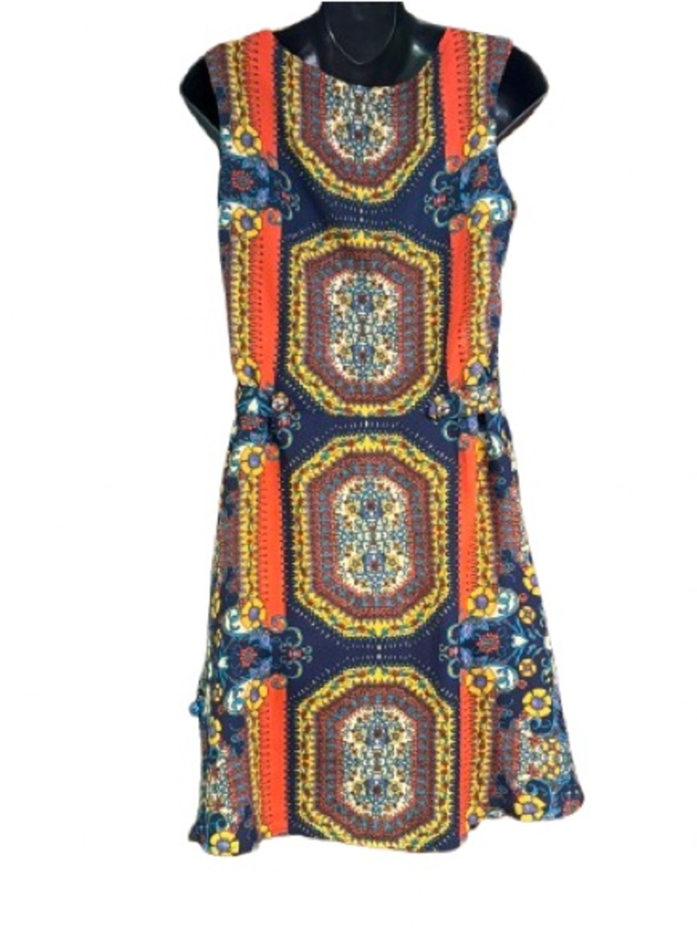 bohemian printed sleeveless dress defined cinch waist flowy mini-length skirt. - Picture 5 of 16